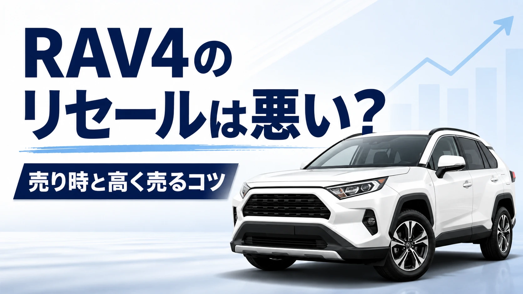 RAV4風の白いSUVとリセールの上昇グラフを背景に、売り時と高く売るコツを示したアイキャッチ画像