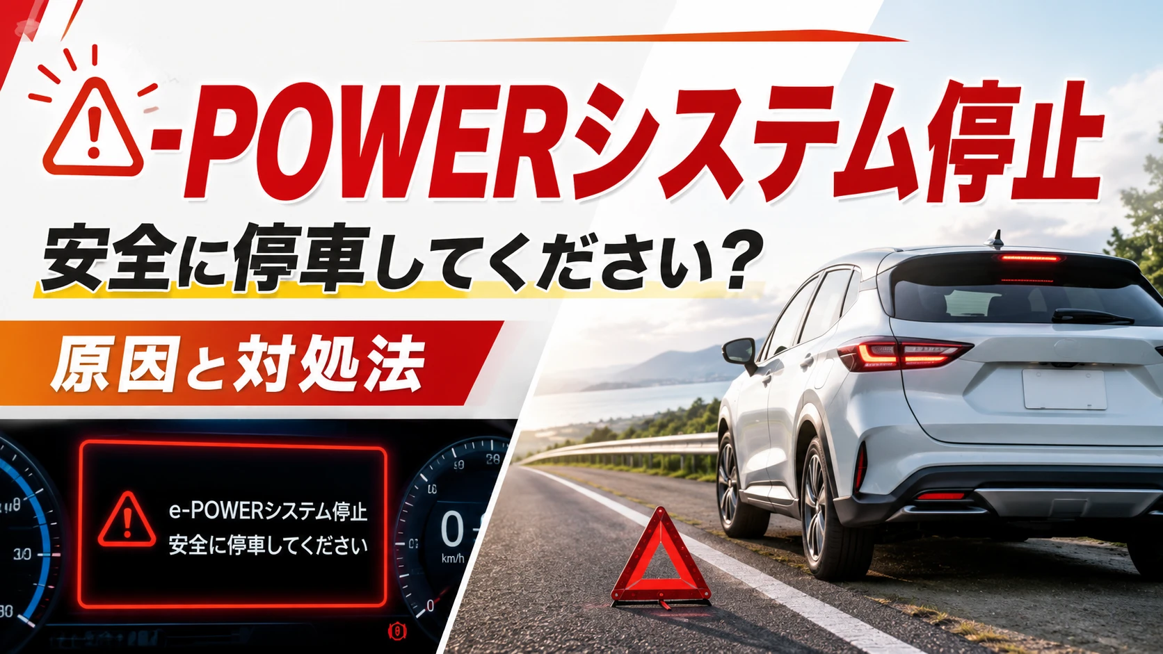 e-POWERシステム停止と安全に停車してくださいの警告が出た車が路肩に停車しているイメージ