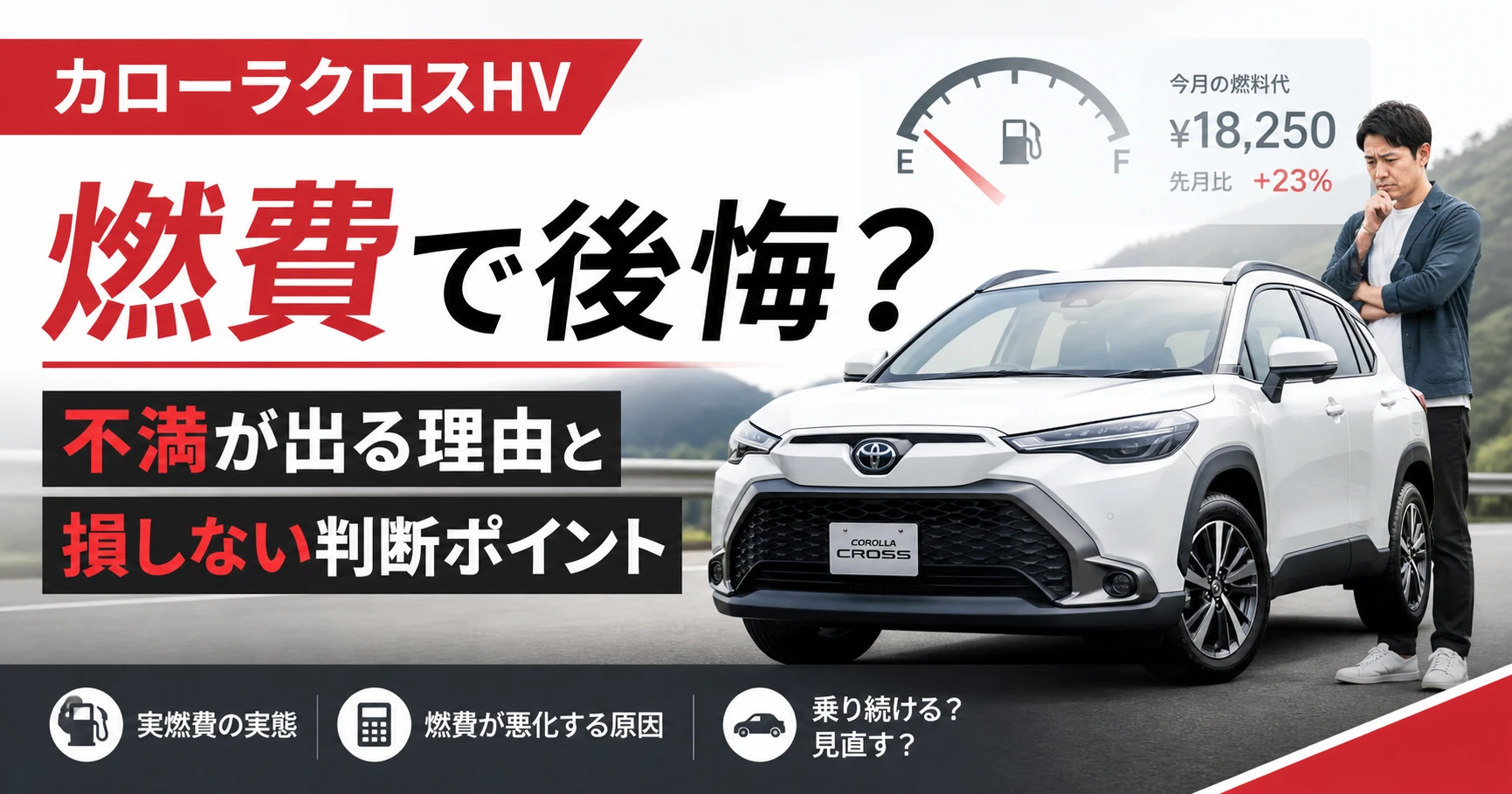 カローラクロスハイブリッドの燃費に不満を感じる理由と後悔しない判断ポイントを示したアイキャッチ画像