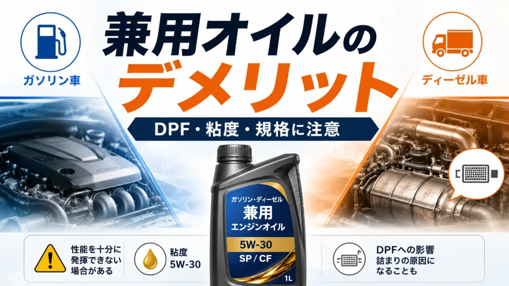 ガソリン車とディーゼル車の兼用オイルのデメリットを示すアイキャッチ画像