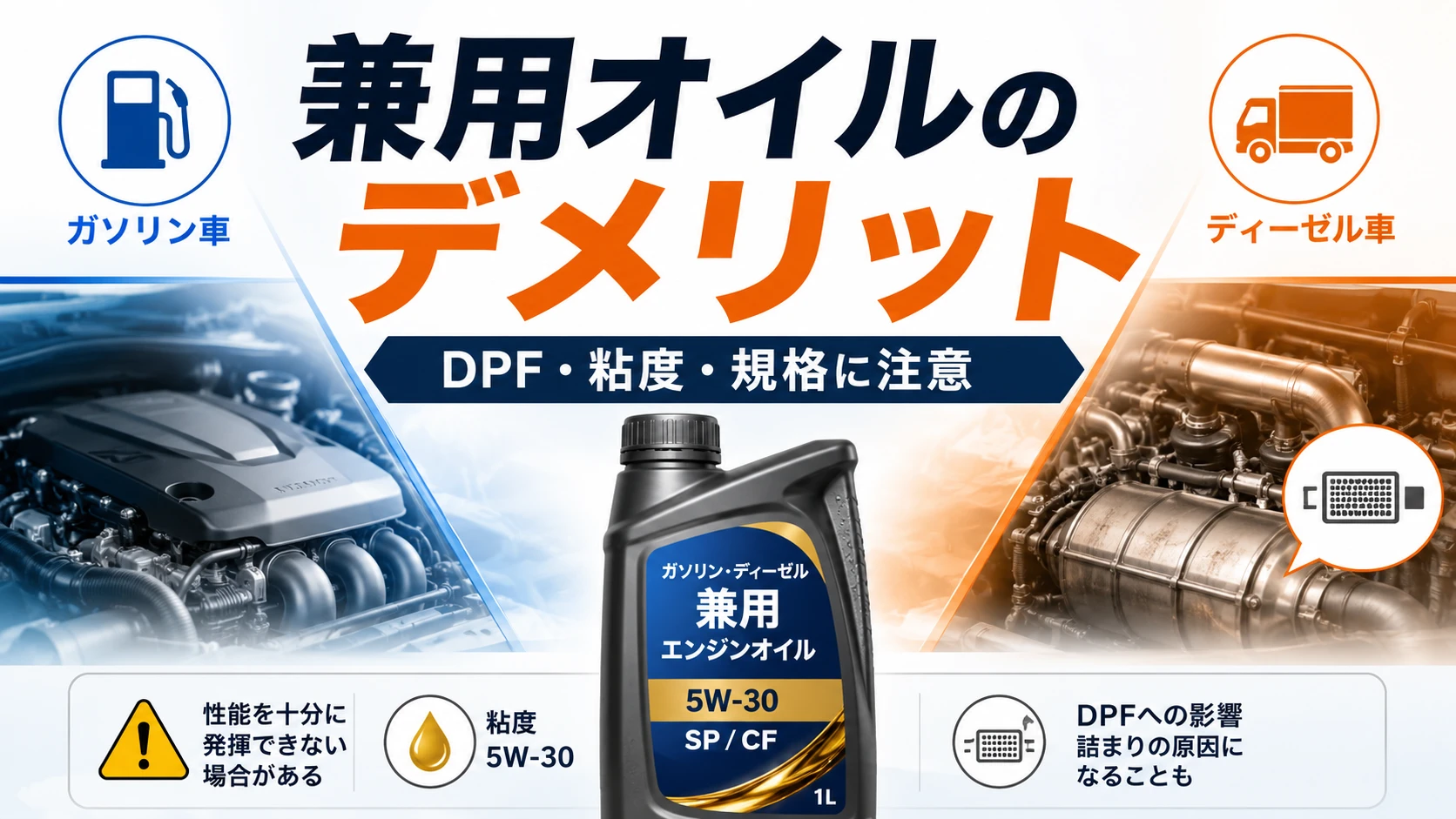 ガソリン車とディーゼル車の兼用オイルのデメリットを示すアイキャッチ画像