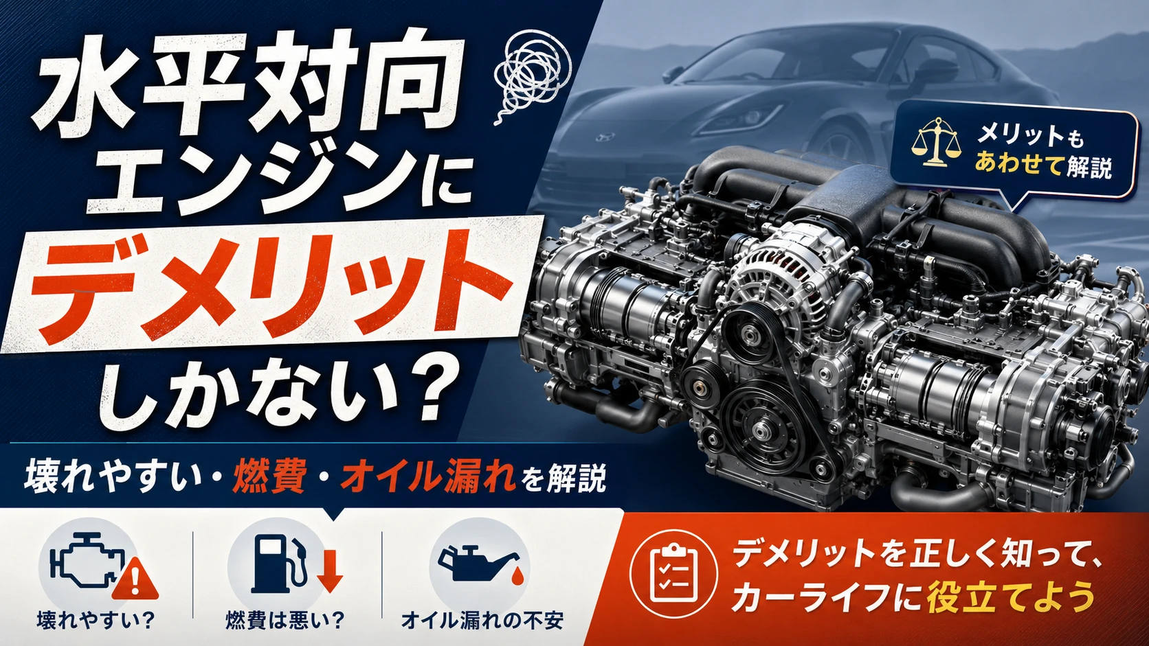 水平対向エンジンにデメリットしかないのか、壊れやすさ・燃費・オイル漏れの不安を解説するアイキャッチ画像
