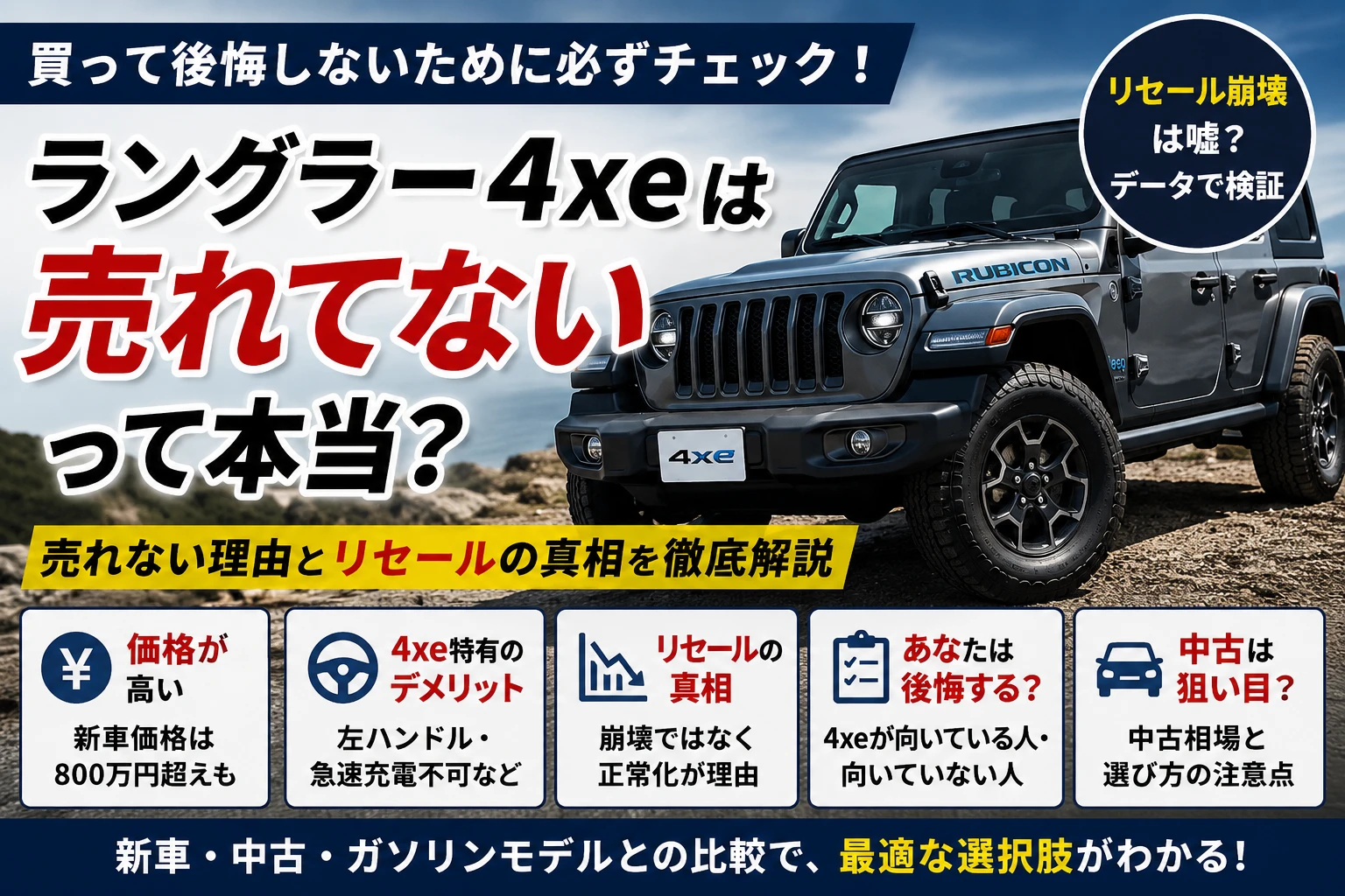 ラングラー4xeは売れてないのか、リセール崩壊の噂や価格・中古選びの注意点を解説するアイキャッチ画像