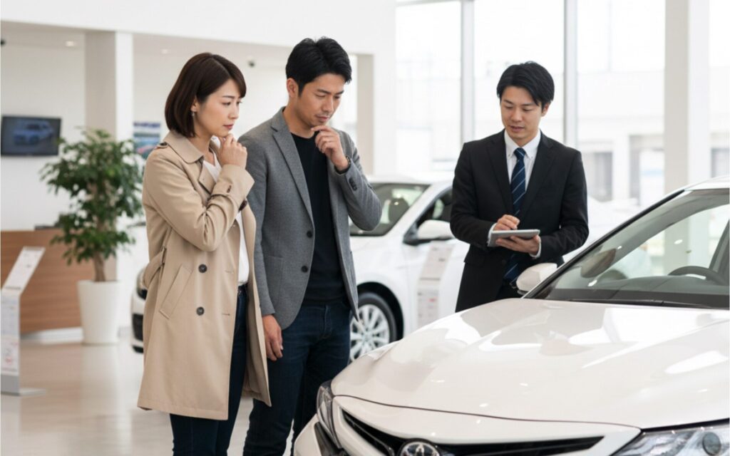 ディーラーでカムリの試乗を検討する夫婦