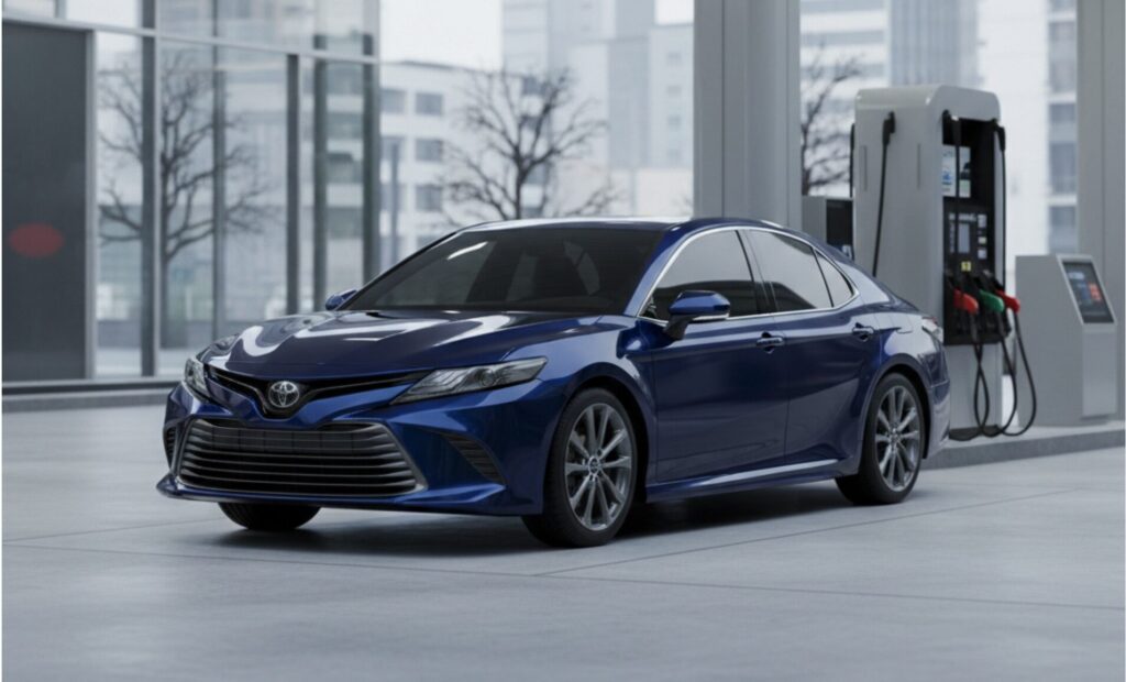 トヨタ・カムリとガソリンスタンド - 燃費性能を象徴するイメージ