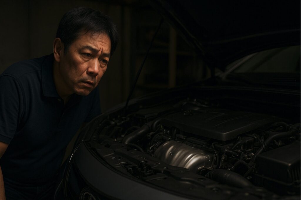 車のエンジン音を心配そうに聞く日本人男性
