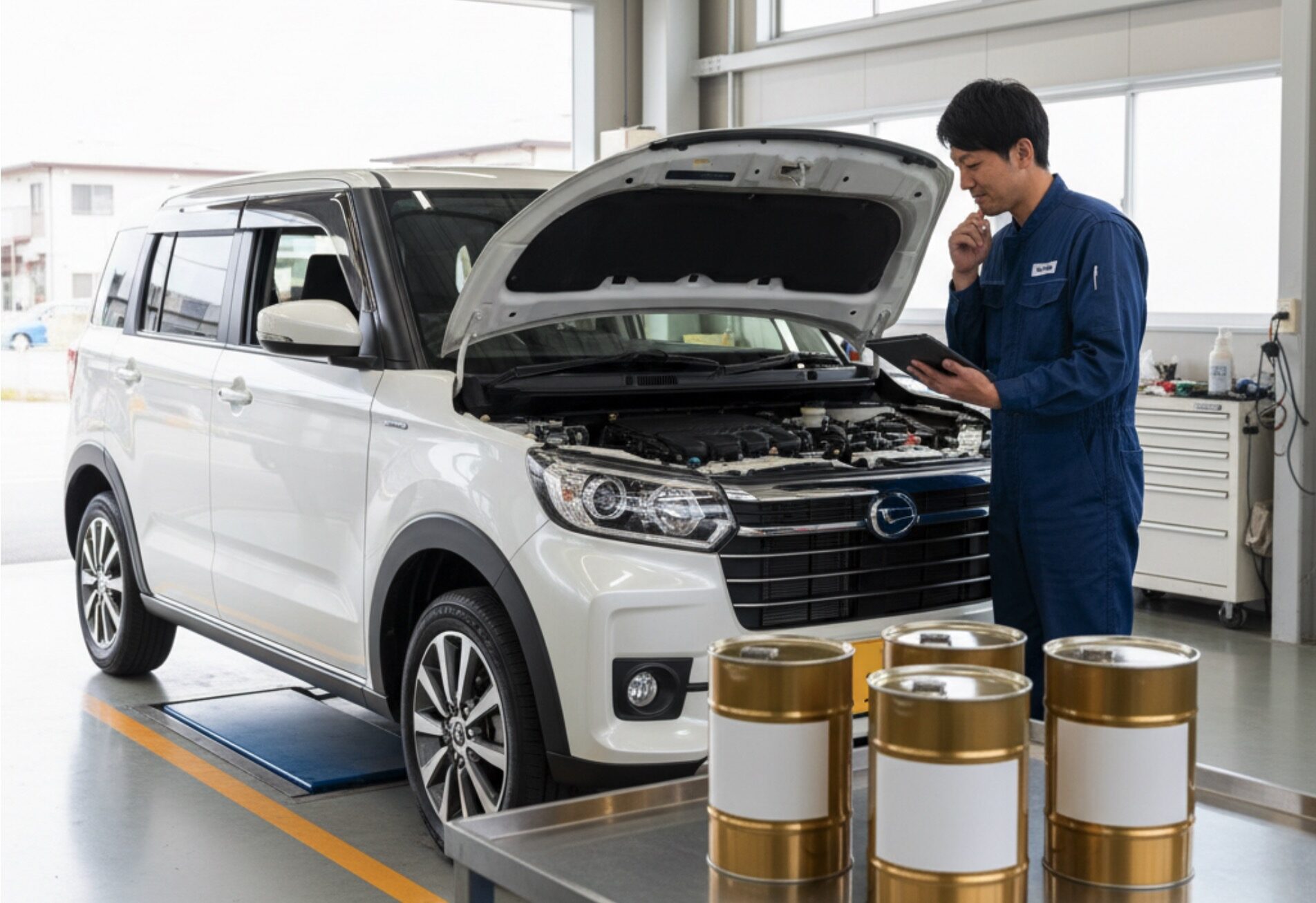 CVTフルードの容器が置かれた整備工場で、ダイハツ車を点検する日本人整備士