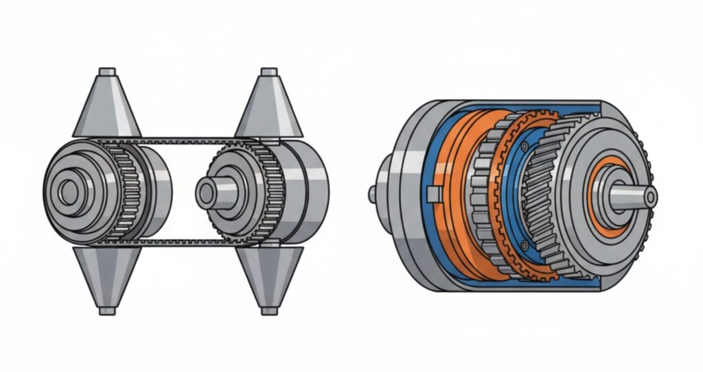 CVT（無段変速機）とAT（オートマチックトランスミッション）の内部構造の違いを示す比較図