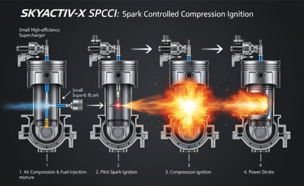 SKYACTIV-XエンジンのSPCCI燃焼プロセスを段階的に示す図