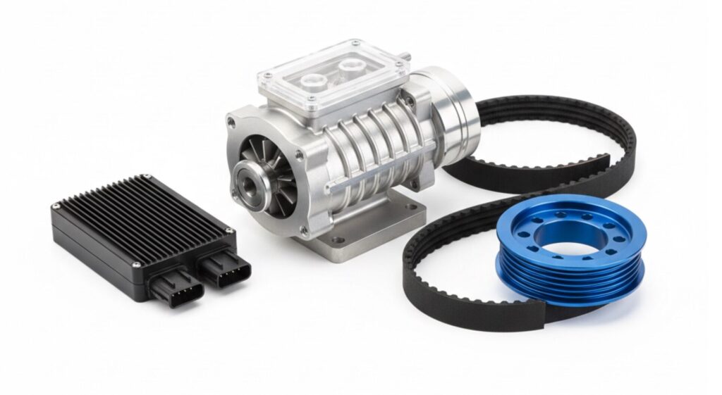 サンバーのスーパーチャージャー後付けに必要なキットの部品（スーパーチャージャー本体、プーリー、ベルト、ECU）