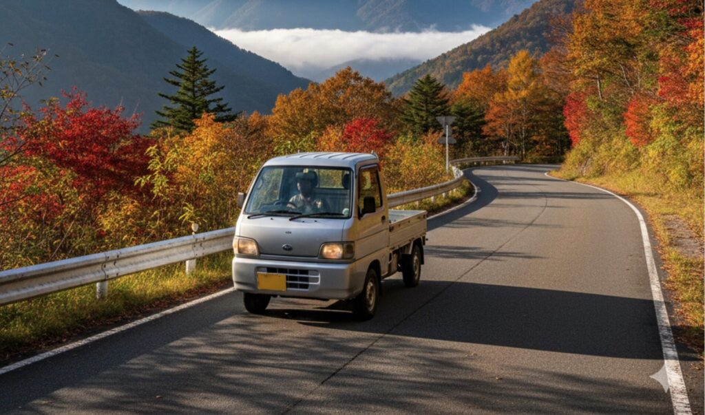 サンバーの坂道でのパワー不足を表現した、山道を走るスバルサンバーのイメージ