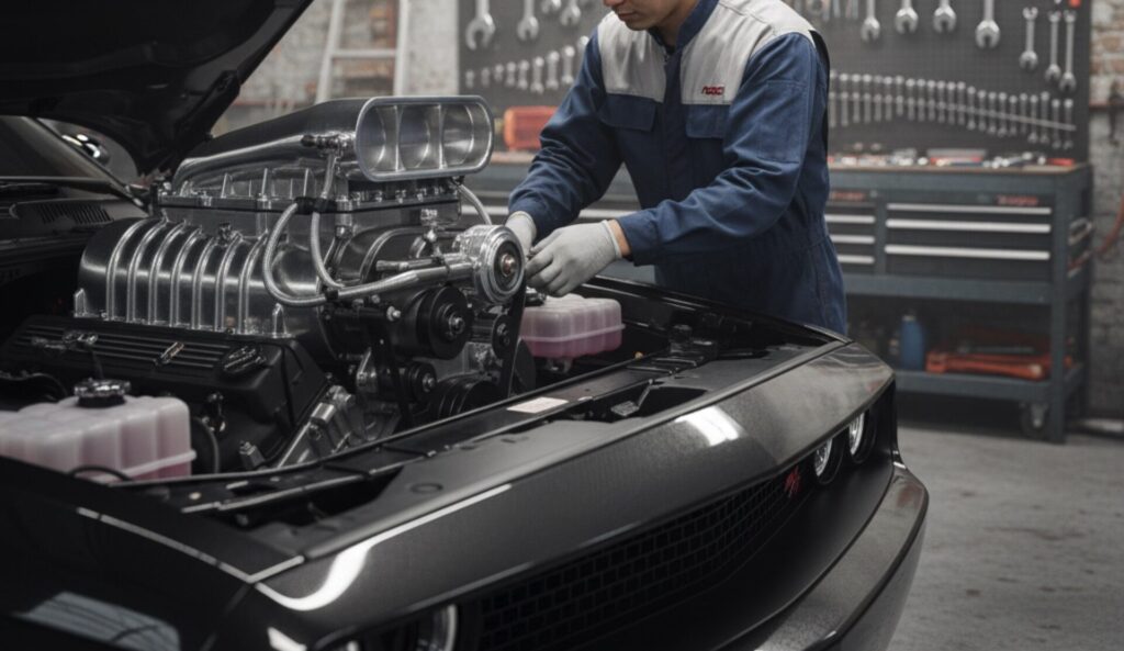 光沢のあるスーパーチャージャーキットを専門的な手つきで取り付けている