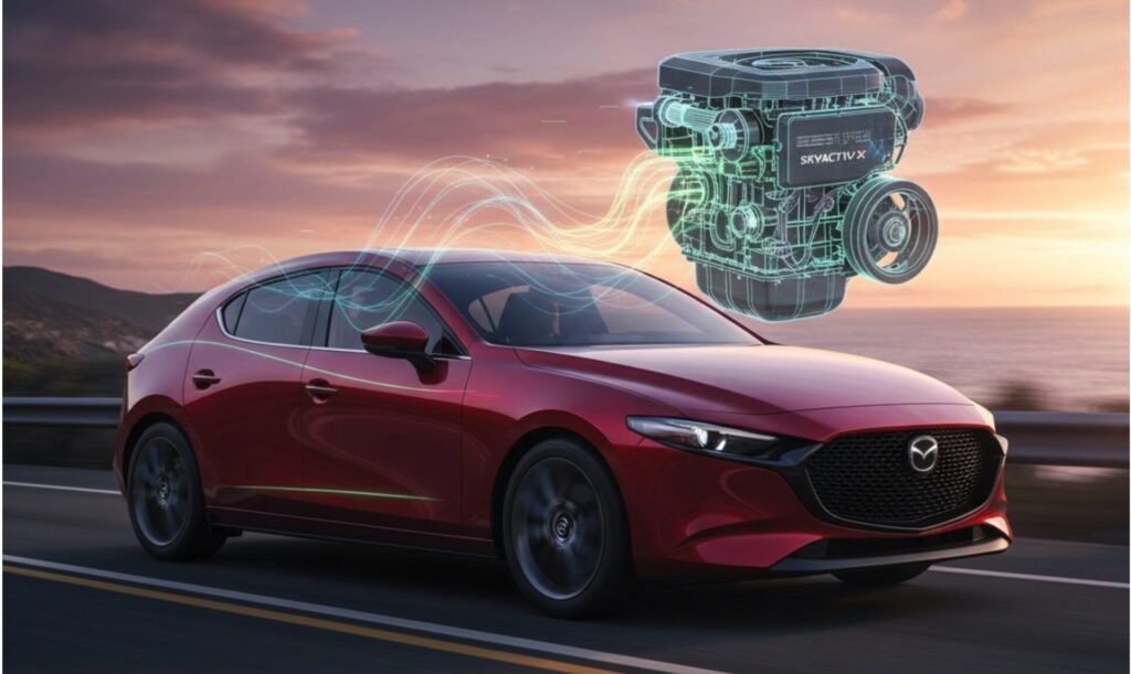 夕暮れの海沿いの道を走る赤いMAZDA3