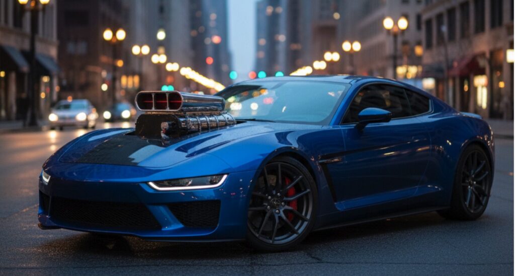 夕暮れの都会的な背景に駐車された現代的なスポーツカー。ボンネットには見た目だけのダミーのスーパーチャージャースクープが取り付けられている