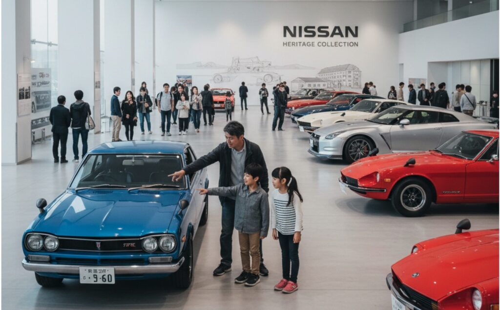 多くの人が見学に訪れている日産ヘリテージコレクションの広々とした展示ホールの様子