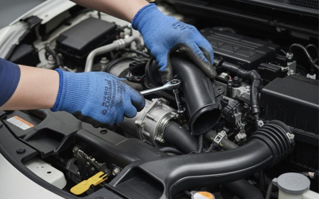 工具を使い、日産ノートのエンジンルーム内でスーパーチャージャーダクトのDIY交換作業を行う手元