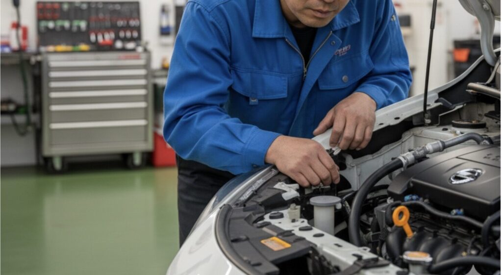 整備工場で日産ノートのエンジン異音を確認する日本人整備士。