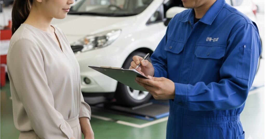 整備工場で顧客に日産ノートの修理内容と費用を説明する日本人整備士