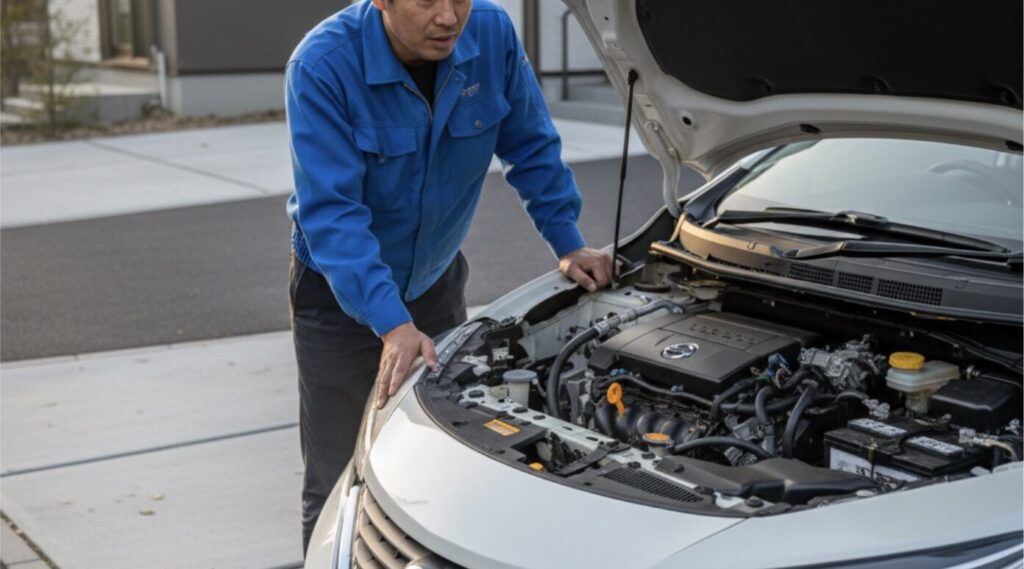 日産ノートE12のエンジンルームを心配そうに覗き込む日本人男性。スーパーチャージャーダクト破損のトラブルを示唆する画像