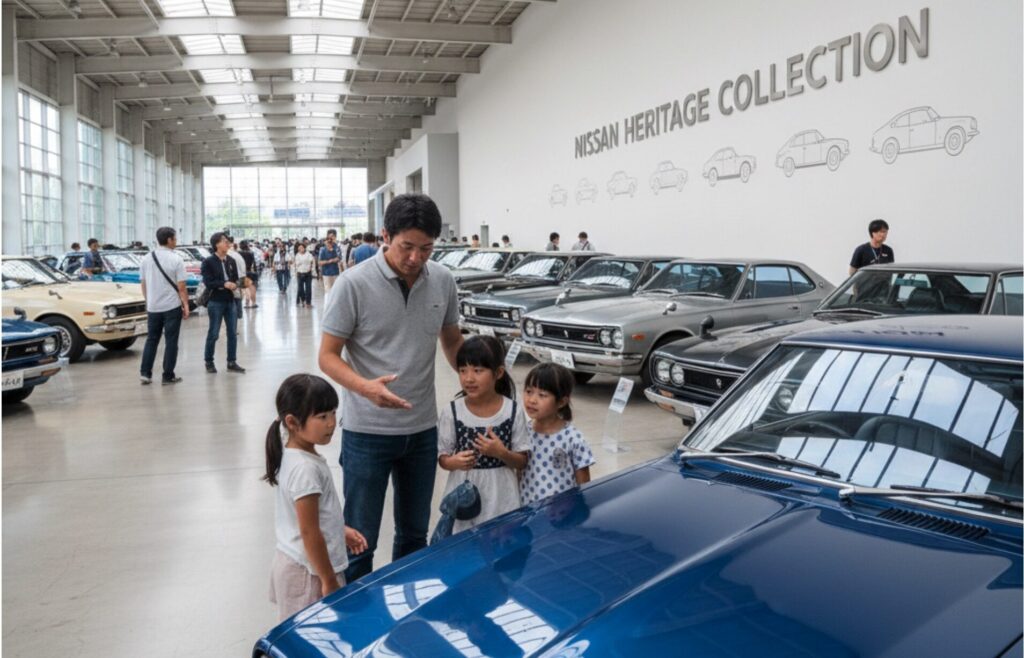 日産ヘリテージコレクションの広々とした展示ホールで、親子が名車を鑑賞している様子