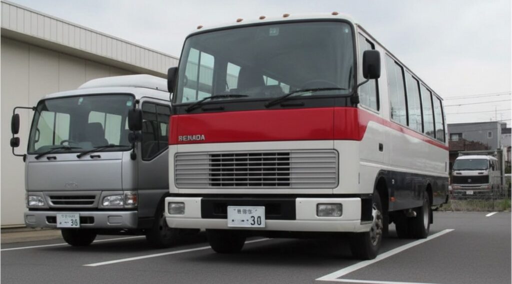 日産座間事業所の敷地内を走る専用シャトルバスの停車風景
