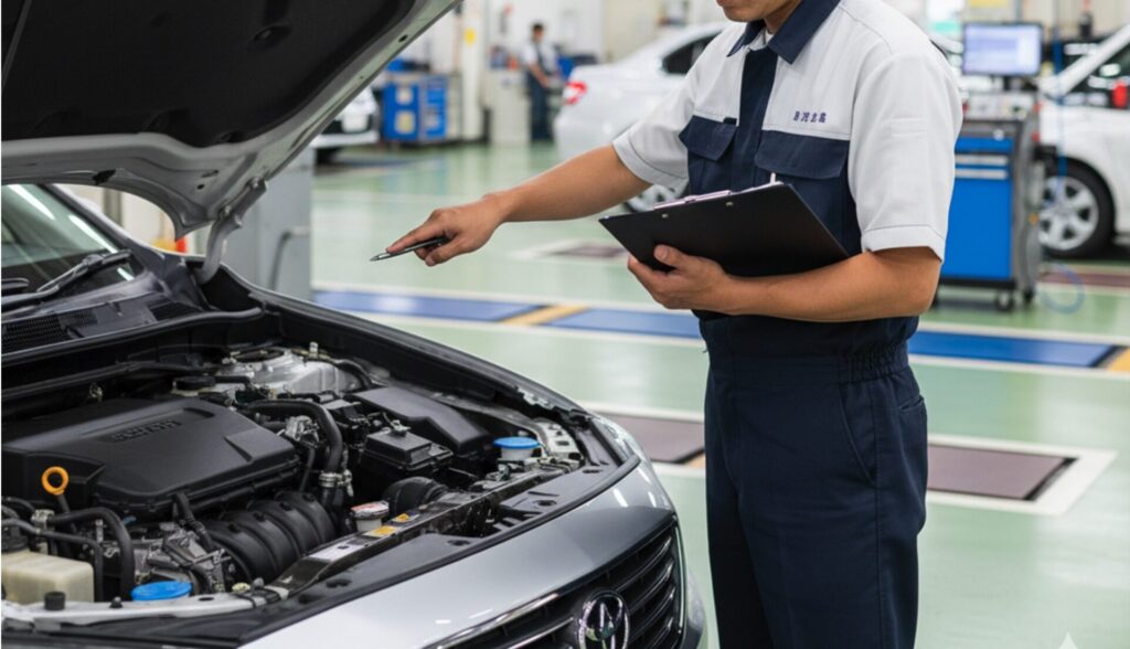 明るい検査場で、制服を着た日本の自動車検査員がクリップボードを手に、車のエンジンルームを真剣な表情で確認している様子