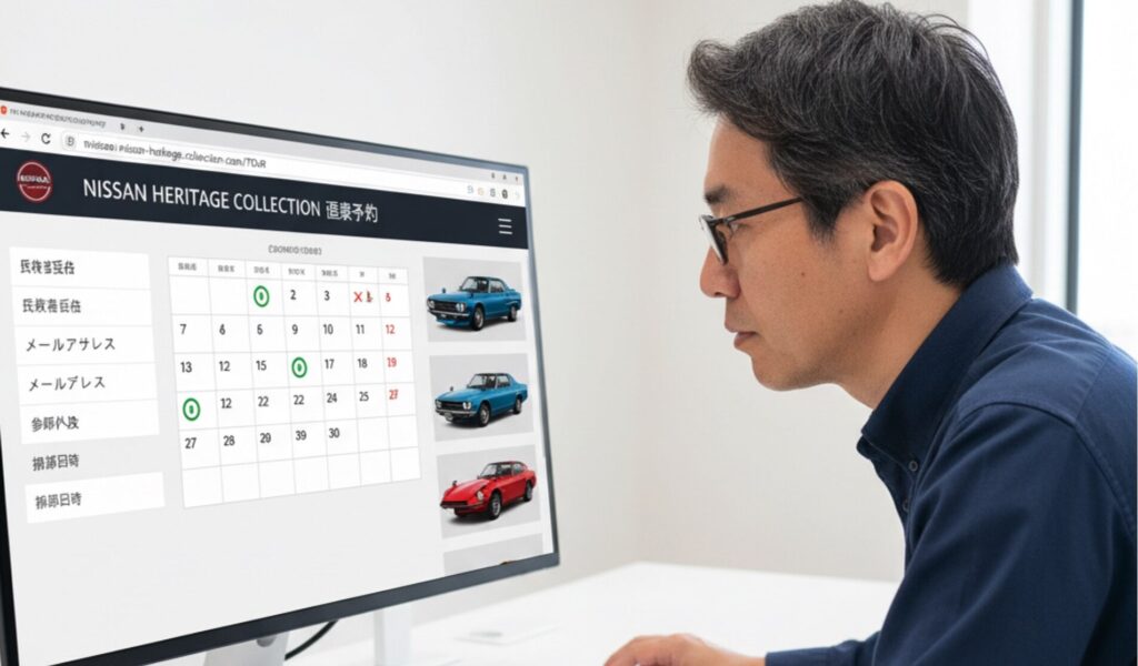 男性がPCで日産ヘリテージコレクションのウェブサイトから見学予約をしている様子