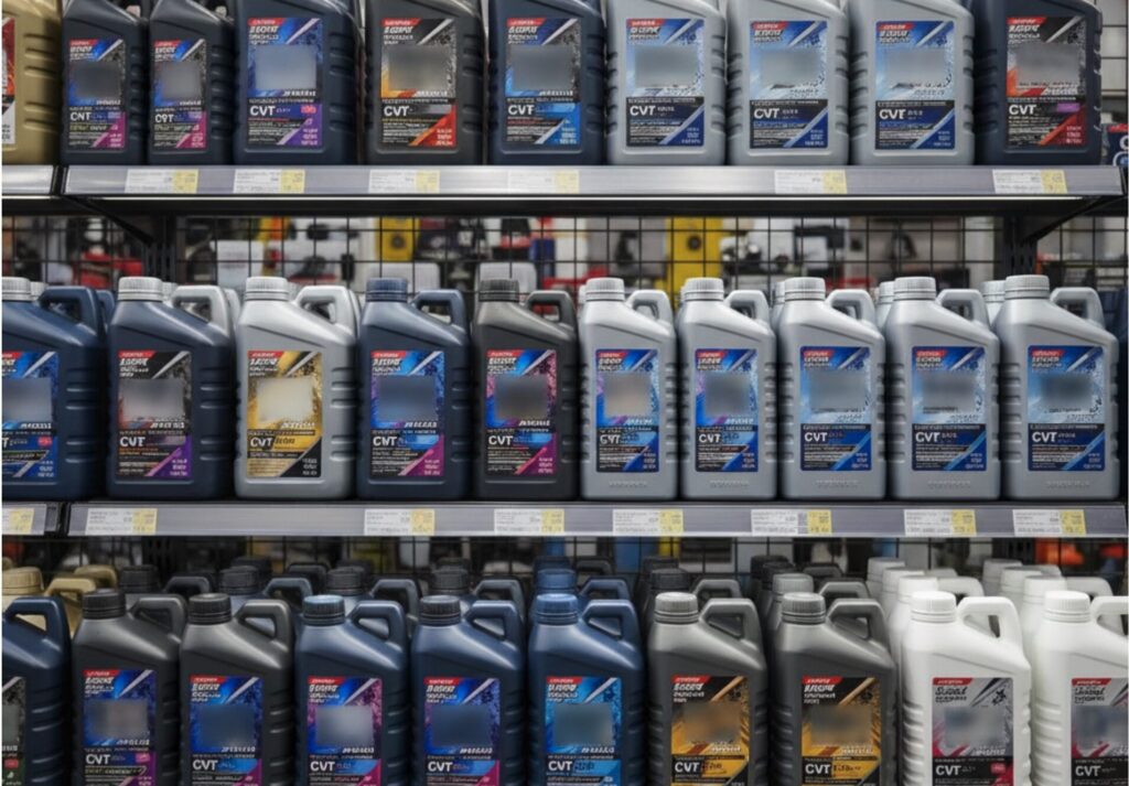 自動車用品店の棚に並ぶ、アイシンやワコーズなどの高品質な社外製CVTフルード製品群