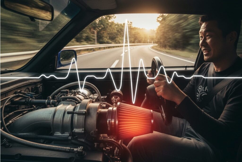 車を運転中の日本人男性と、助手席側から見えるエンジンルームに設置されたスーパーチャージャー