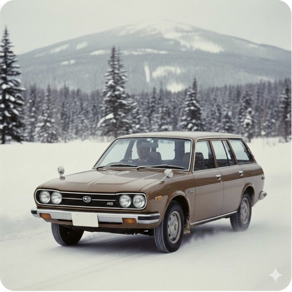 1972年に雪道を走行するスバル・レオーネ4WDエステートバンのレトロな写真。シンメトリカルAWDの歴史の起点を象徴。