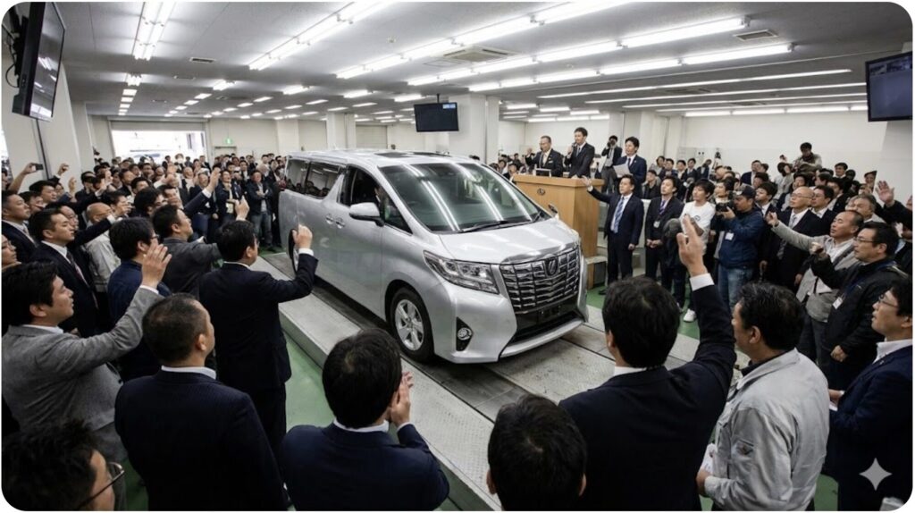 2023年6月に登場した40系アルファードがオークション会場で展示されている様子。多くの入札者が車を囲み、高額な値が付く熱気を表現している。