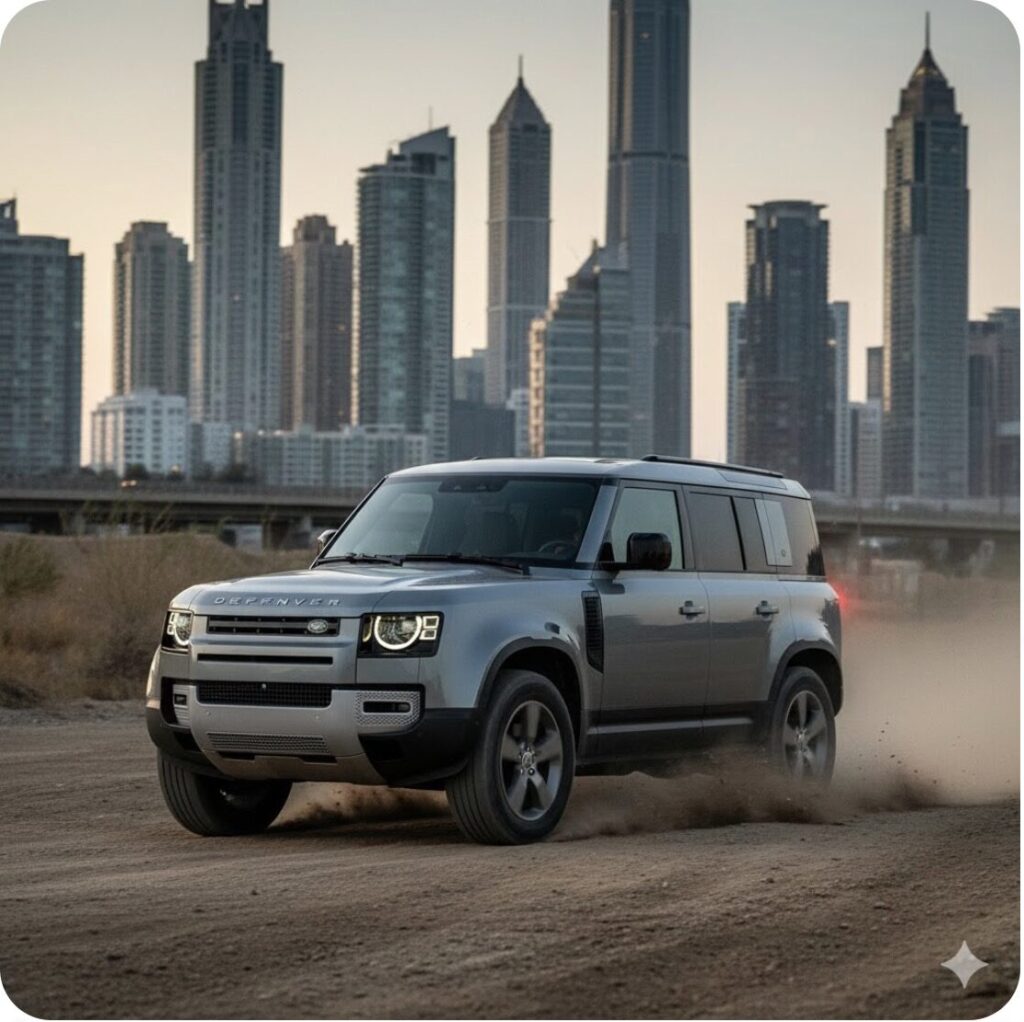 2026年モデルのランドローバーディフェンダーが、都市のスカイラインを背景に、砂利道で砂煙を上げながら走行している様子。