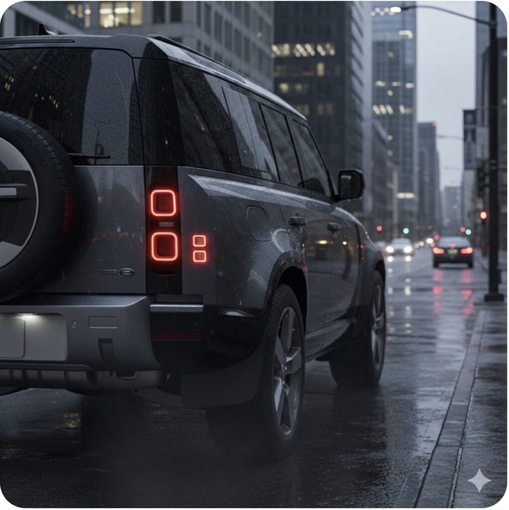 2026年モデルのランドローバーディフェンダーのリアデザイン。従来モデルと比較して洗練された、スモーク仕上げの一体型フラッシュサーフェスなテールライトが光る様子。