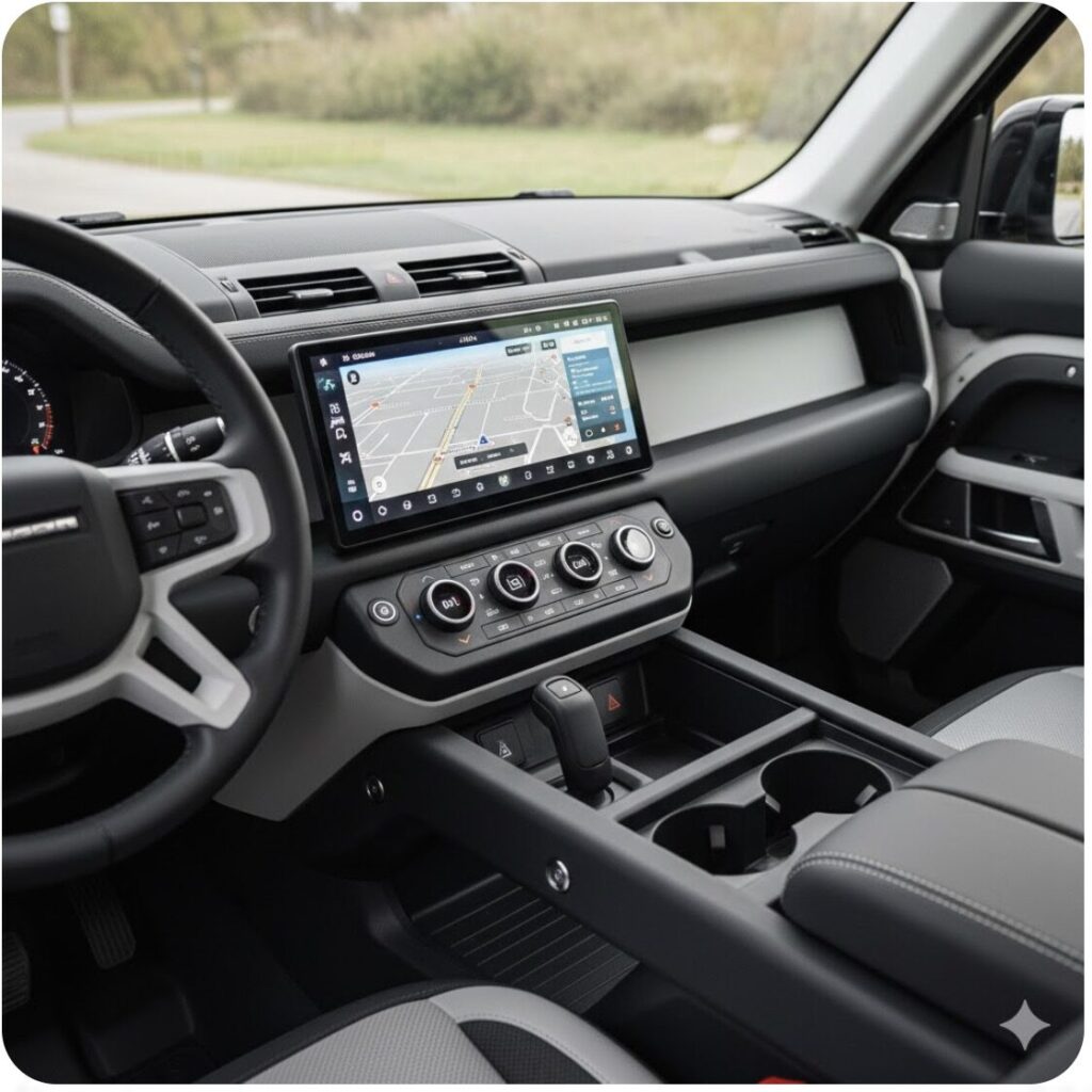 2026年型ランドローバーディフェンダーのインテリア。大型化された13.1インチ曲面タッチスクリーンと、再設計されたセンターコンソールエリアの先進的なデザイン。