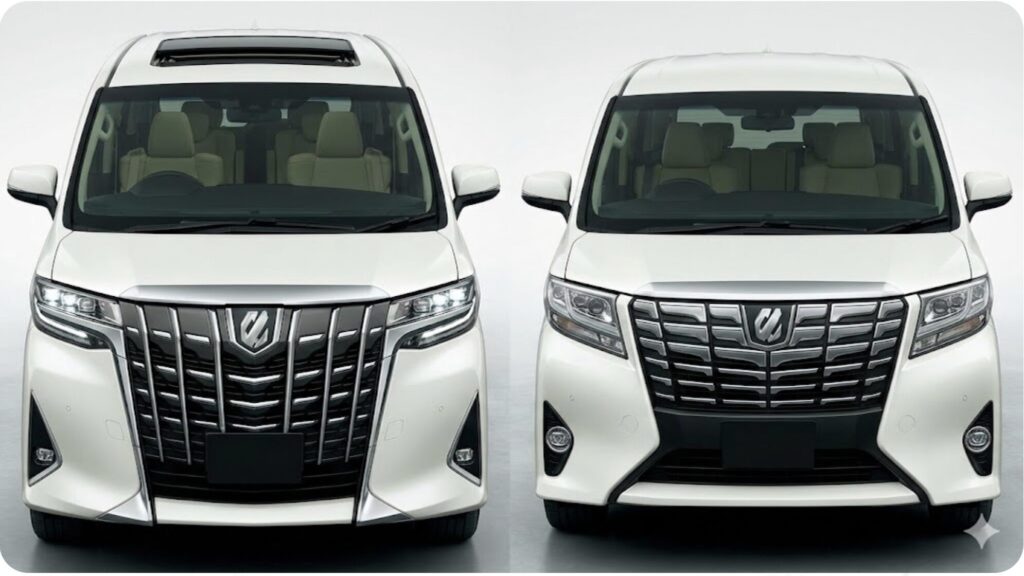 30系アルファードの装備違いによる外観比較。左側は輸出に人気な3眼LEDヘッドライトとツインムーンルーフを装着した車両、右側は標準ヘッドライトでムーンルーフ無しの車両。装備の有無が価格に影響する理由を視覚的に示している