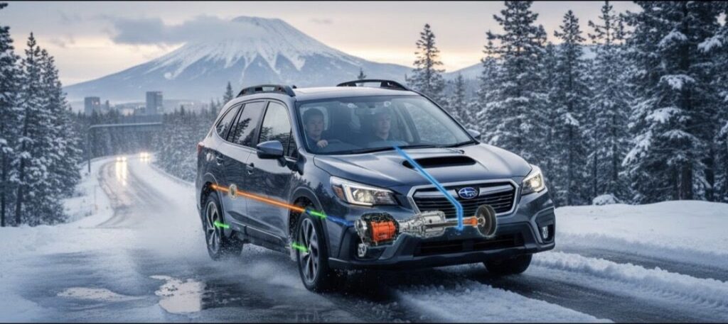 ぬかるみや悪路を走行中に、X-MODEの制御によって安全に脱出するスバルSUVの様子。