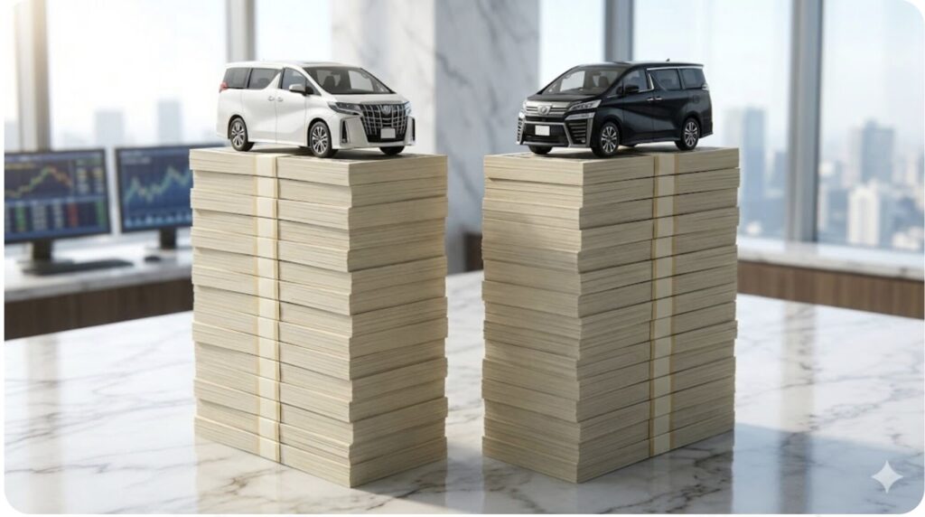 アルファードとヴェルファイアのミニカーと積み重ねられた日本円の札束。驚異的なリセールバリューと資産価値を象徴。