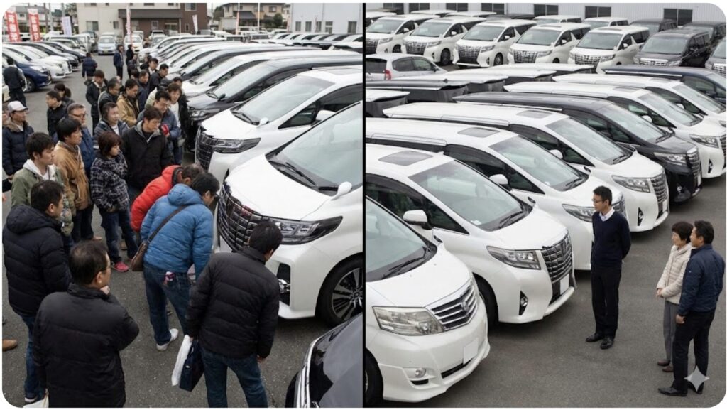 アルファードの中古車市場の変化を示す比較画像。左側は過去のバブル期で、少ない車両に多くの人々が殺到している様子。右側は現在の市場で、大量の在庫が整然と並び、顧客が落ち着いて車を選んでいる様子。