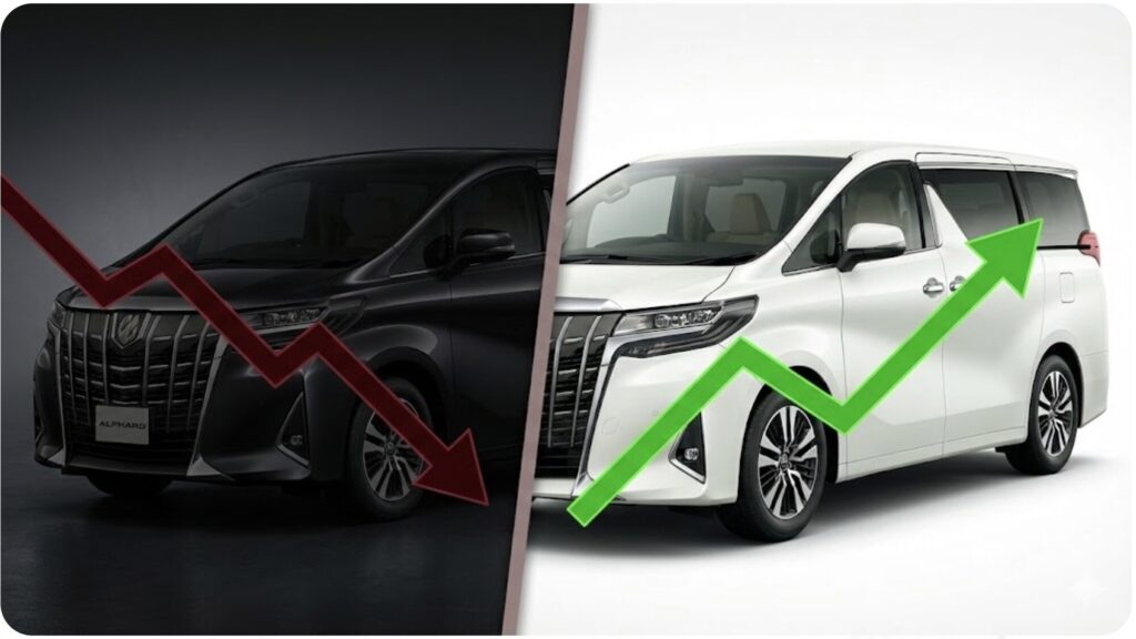 アルファードの異なるグレードのリセール価格が異なることを示す比較イメージ。上位グレードが伸び悩む一方で、ベースグレードの「Z」が好調であることを暗喩する。