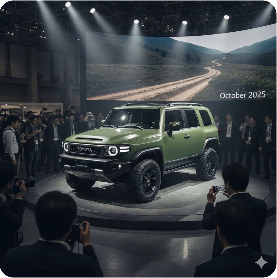 ジャパンモビリティショー2025の会場で、スポットライトを浴びて展示される新型ランドクルーザーFJ。多くの来場者がカメラを向けている。