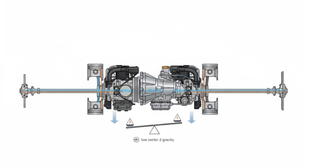 スバルのe-BOXER（マイルドハイブリッド）システムの断面図。水平対向エンジンとモーターの配置を示し、シンメトリカルレイアウトの維持を説明。