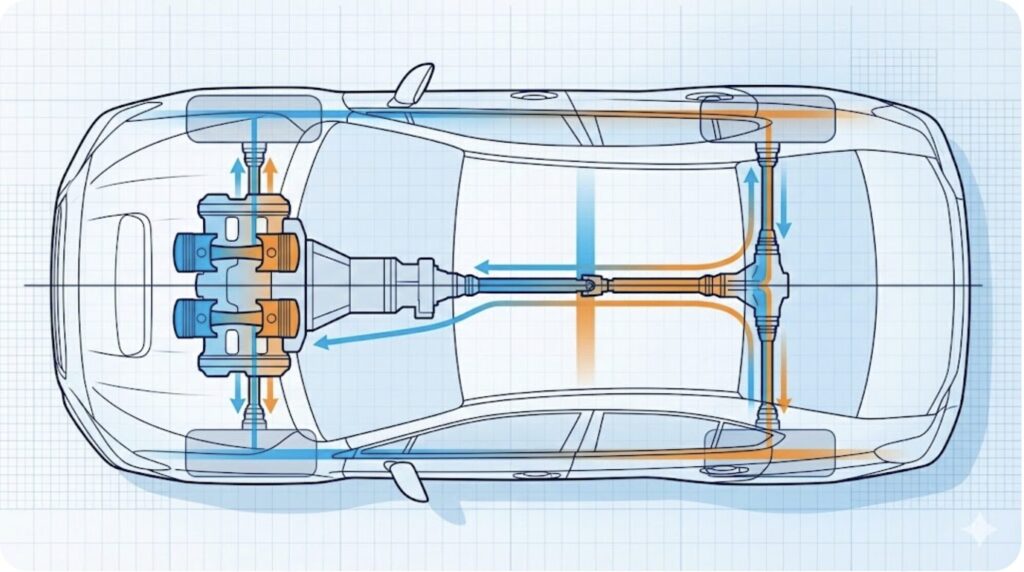 スバルの水平対向エンジンとAWDシステムが車体中心に左右対称に配置されたレイアウトを示す技術模式図。