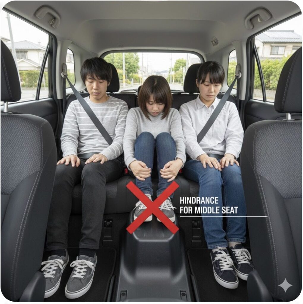 スバル車の後部座席に座る日本人3人組。中央に座る女性の足元にセンタートンネルが盛り上がり、狭く窮屈な様子