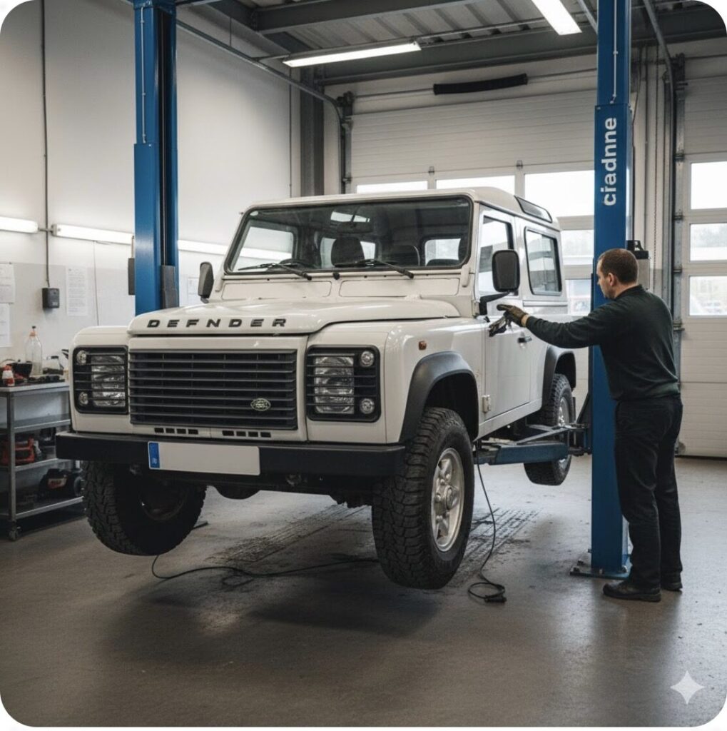 ディーゼルエンジン（Td5やTdiなど）が搭載されたランドローバー ディフェンダー旧型のエンジンルーム。構造の複雑さと整備の必要性を伝える、専門的な整備風景。