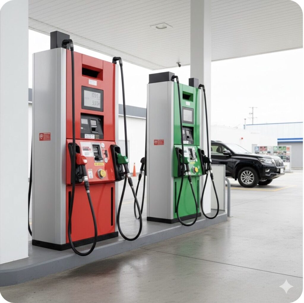 ディーゼル（軽油）とガソリンの価格差を比較する2つの給油ノズルと価格表示。年間燃料費の節約効果を視覚化。