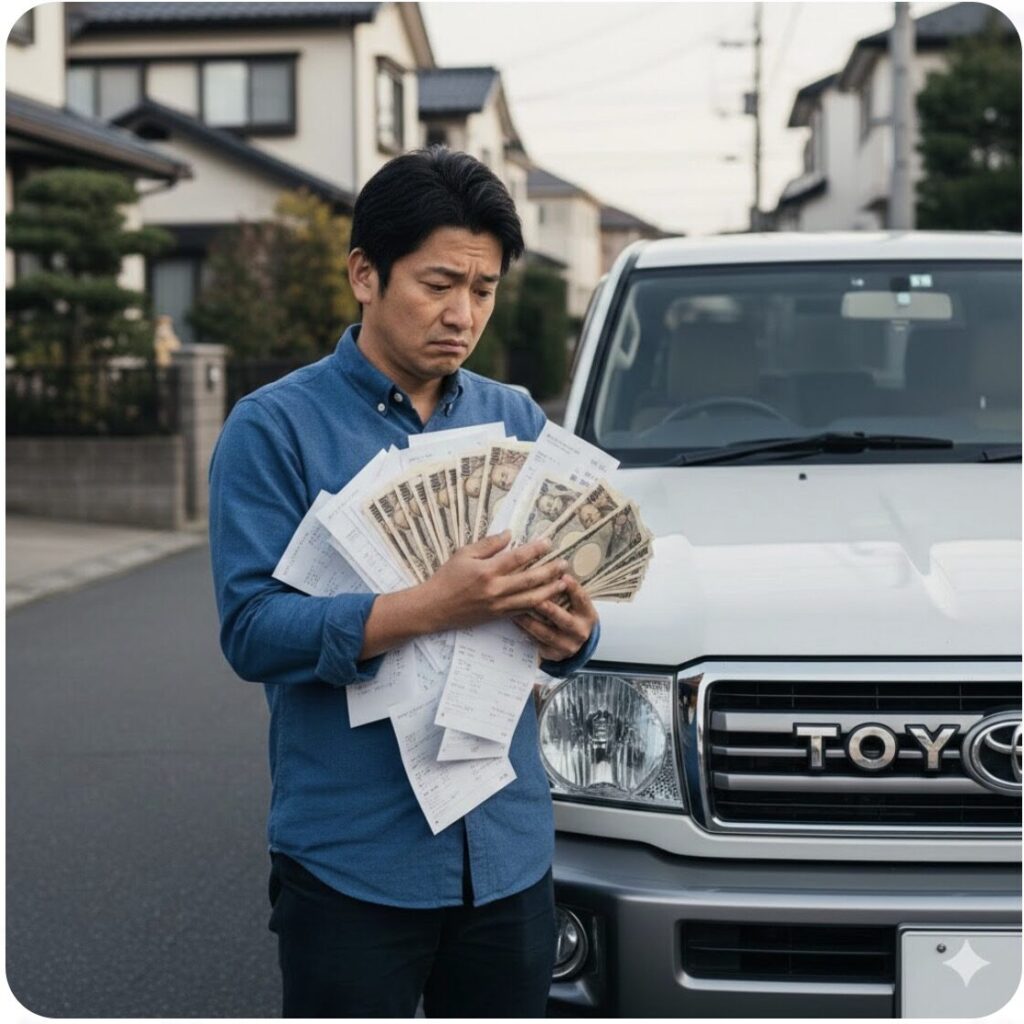 トヨタ ランドクルーザー70（GDJ76）の横で、維持費の高さに頭を抱える日本人男性の様子