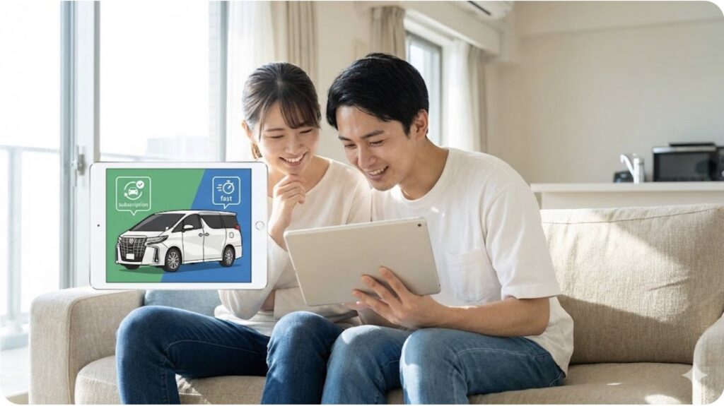 トヨタのサブスクリプションサービス「KINTO」のロゴと、新型アルファードのイラストが描かれたWebサイトのイメージ。その横で満足げな表情の日本人夫婦。