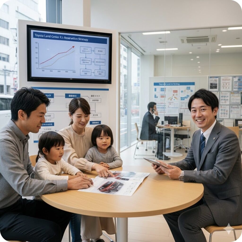 トヨタのディーラーで、日本人家族が営業担当者と新型ランドクルーザーFJの予約について商談している。壁には予約戦略のグラフが表示されている。