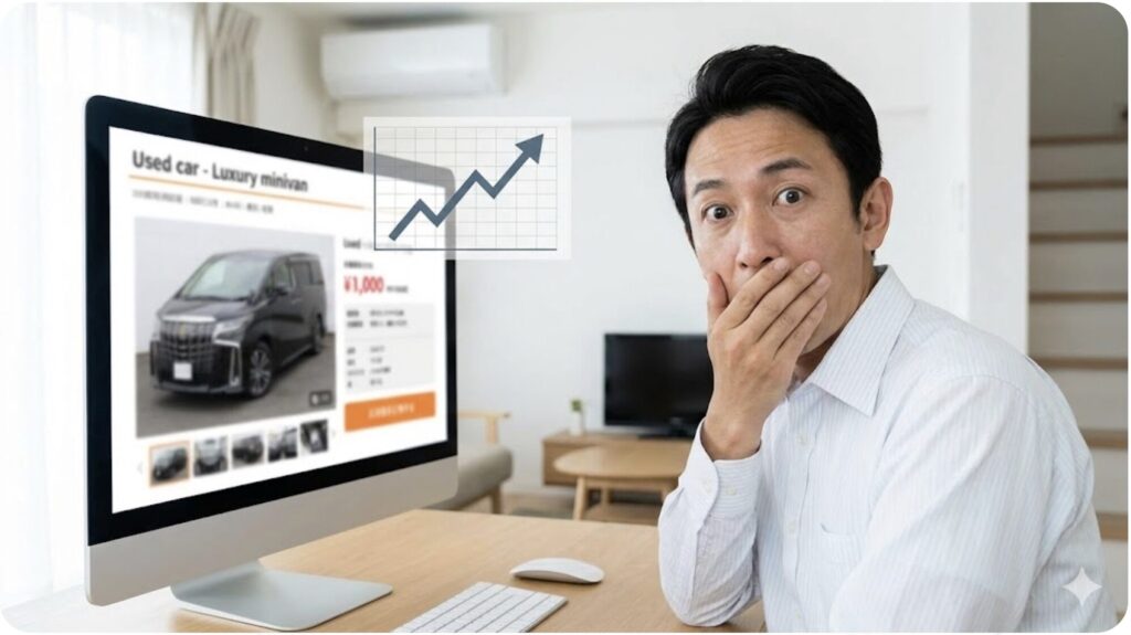 パソコンの画面に表示された新型アルファードの中古車情報と、それを見て驚く日本人男性。価格が高騰していることを示唆するグラフが背景にある。