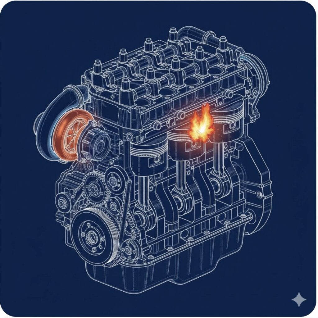 プラド150後期ディーゼルエンジン（1GD-FTV）の内部構造図。204馬力への性能向上を実現したターボチャージャーやシリンダーヘッド部分。